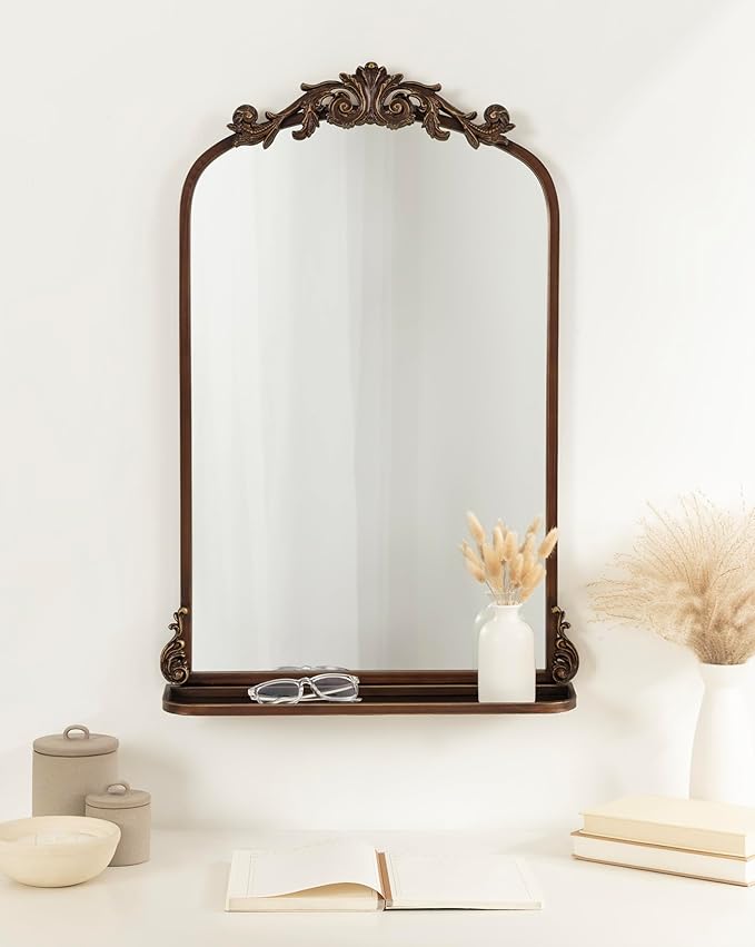 Kate and Laurel Arendahl Traditional Vintage Arch Mirror with Shelf; 21 x 32; Bronze; Baroque Antique Arched Wall Mirror with Functional Shelf and Ornate Frame