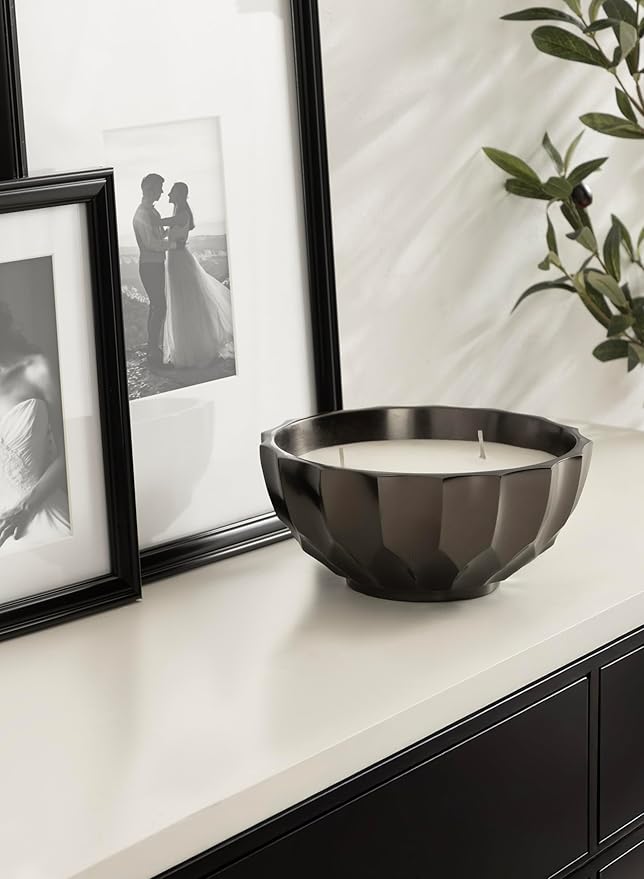Kate and Laurel Plete Round Pleated Metal Candle Bowl, 8 Inch Diameter, Black Nickel, Modern Scalloped Three-Wick Unscented Candle with Decorative Bowl for Living Room Decor
