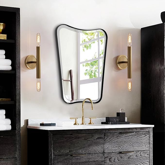 POZINO Bathroom Beveled Mirror, 22"x30" Wavy Vanity Mirror for Over Sink, Modern Butterfly Shaped Decorative Mirrors with Stainless Steel Metal Frame, Black Irregular Rectangle Mirrors for Wall Decor