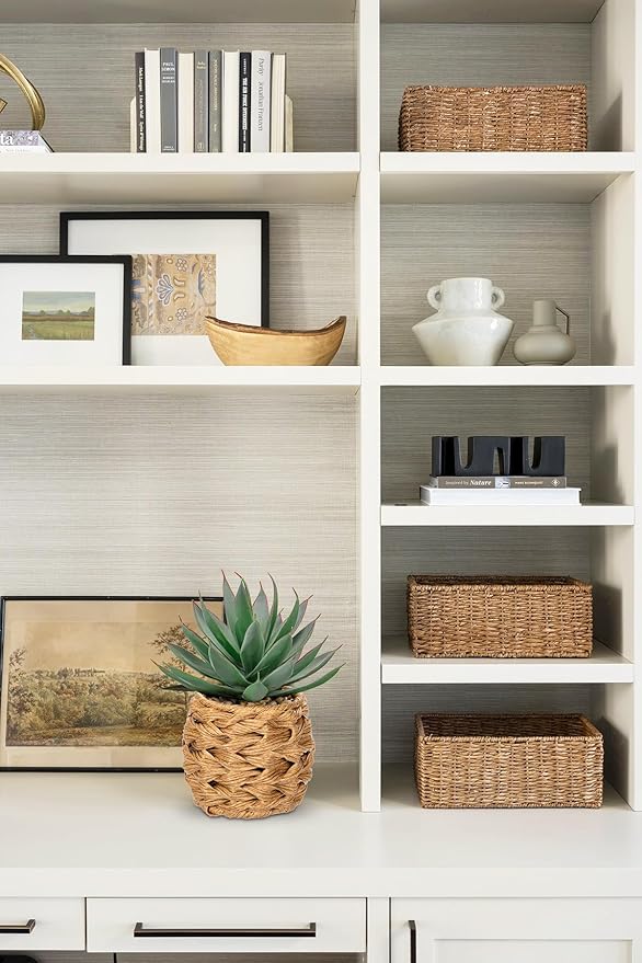 Briful Succulents Plants Artificial for Home Decor, Realistic Potted Fake Agave Plant in Wicker Basket, Cute Aloe Maguey Faux Plant, Shelf Tables Decor, Modern Farmhouse Home Decorations