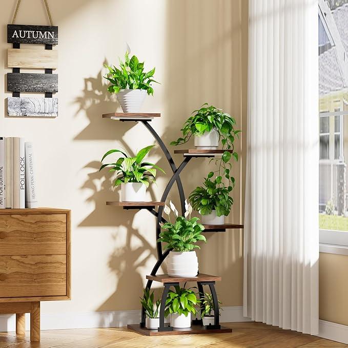 JUSTOGO Plant Stand Indoor with Grow Lights - 6 Tiered Plant Shelf Indoor, 36“ Corner Plant Stands for Indoor Plants Multiple, Metal Curved Flower Holder Display Rack for Patio, Balcony, Home Decor