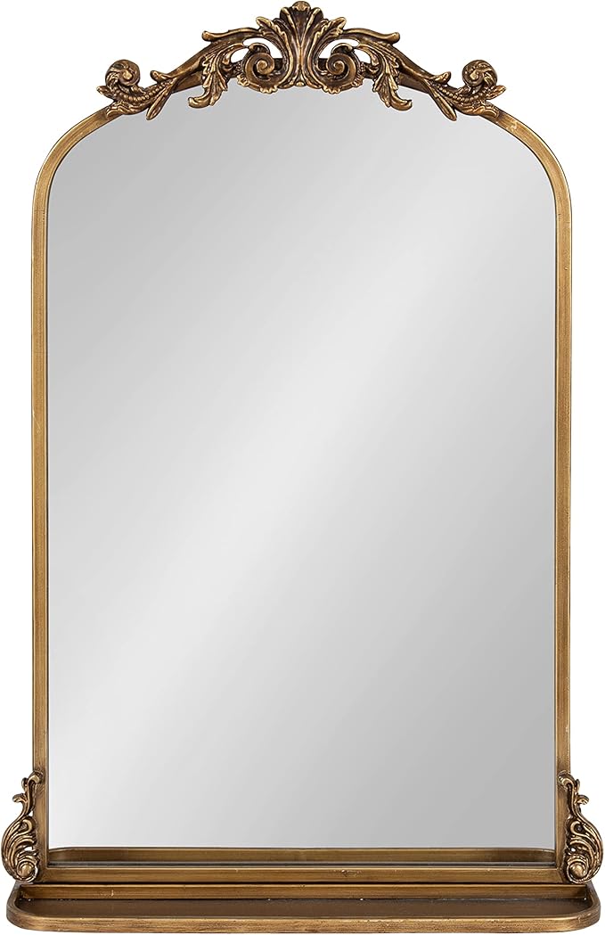 Kate and Laurel Arendahl Traditional Vintage Arch Mirror with Shelf; 21 x 32; Gold; Baroque Antique Arched Wall Mirror with Functional Shelf and Ornate Frame