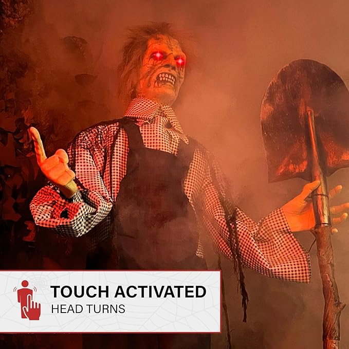 Haunted Hill Farm Lifesize Animatronic Talking Grave Digger with Shovel with Touch Activated Lights and Sound, Battery-Operated Indoor or Covered Outdoor Halloween Decoration