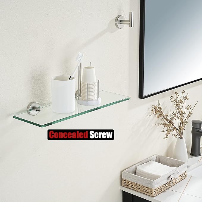 JQK Bathroom Glass Shelf Brushed Steel, Tempered Glass Shower Storage 16 by 5 inches, 304 Stainless Steel Brushed Wall Mount 2 Pack, TGS101L16-BN-P2