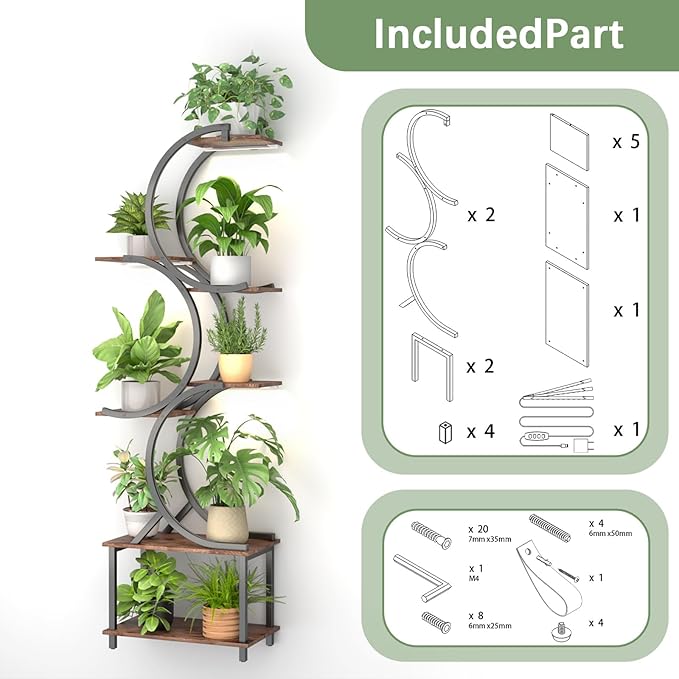 Plant Stand Indoor with Grow Lights, 65 inch Tall Plant Shelf for Multiple Plants, 7 Tiered Metal Plant Stands Indoor, for Living Room, Corners Patio Balcony or Office (Rustic Brown)