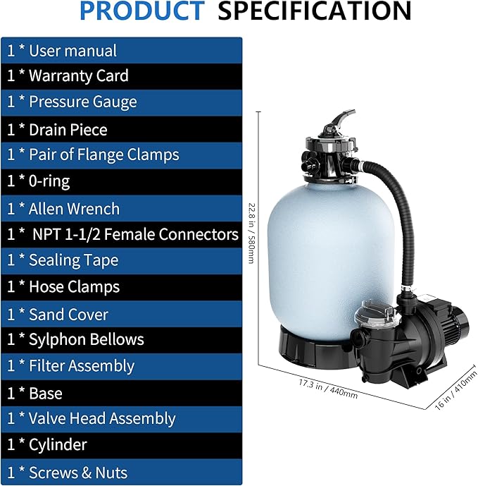 FOTING 16" Sand Filter 1 HP 4500GPH Pump for Above Ground Pool with Timer Up to 18000GAL, 6-Way Valve, Enhanced Circulation for Crystal-Clear Pool