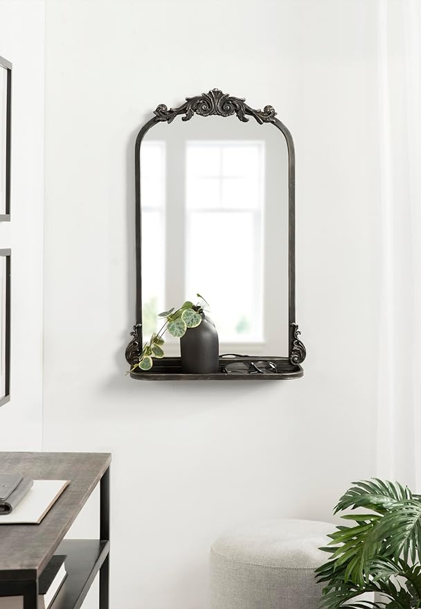 Kate and Laurel Arendahl Traditional Vintage Arch Mirror with Shelf; 16 x 25; Black; Baroque Antique Arched Wall Mirror with Functional Shelf and Ornate Frame