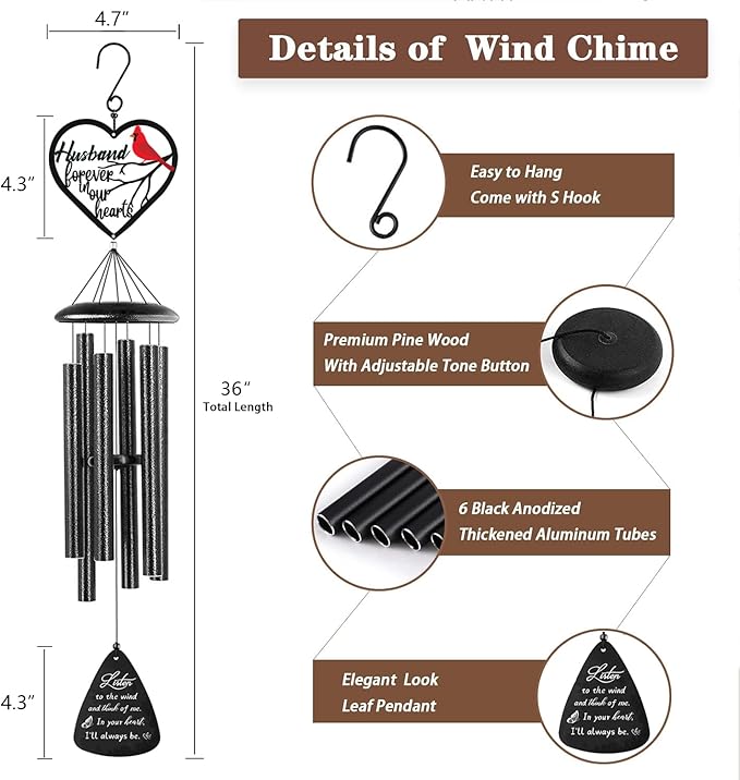 Memorial Gifts for Loss of Husband, 32" Cardinal Memorial Wind Chimes for Loss of Husband, Sympathy Wind Chimes Gifts in Memory of Husband