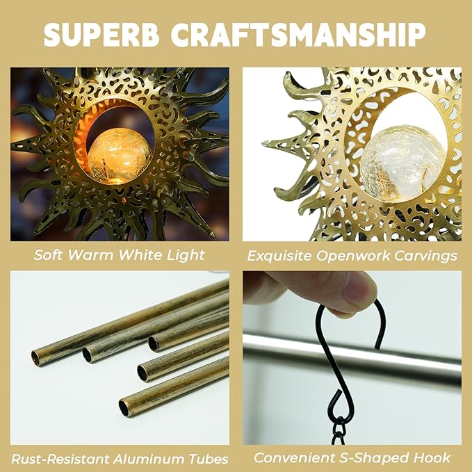 Ferrisland Solar Wind Chimes for Outside Clearance, Sun Windchimes Outdoors for Porch Patio with Crackle Glass Ball LED Light, Waterproof Metal Outdoor Hanging Decor for Women Wife Mom