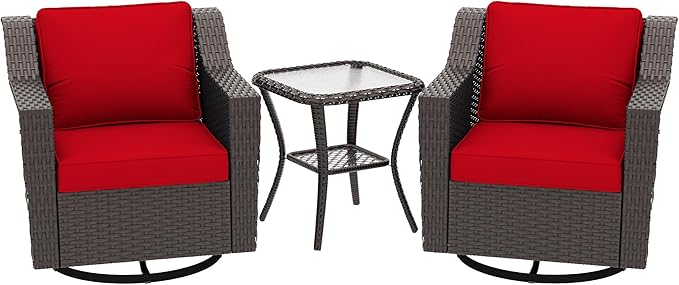 3 Pieces Patio Conversation Furniture Set - 2 Swivel Chairs, 1 Side Table, Outdoor Wicker Rocking Glider Armchairs with Washable and Water-Resistant Cushions for Porch, Balcony (Red)