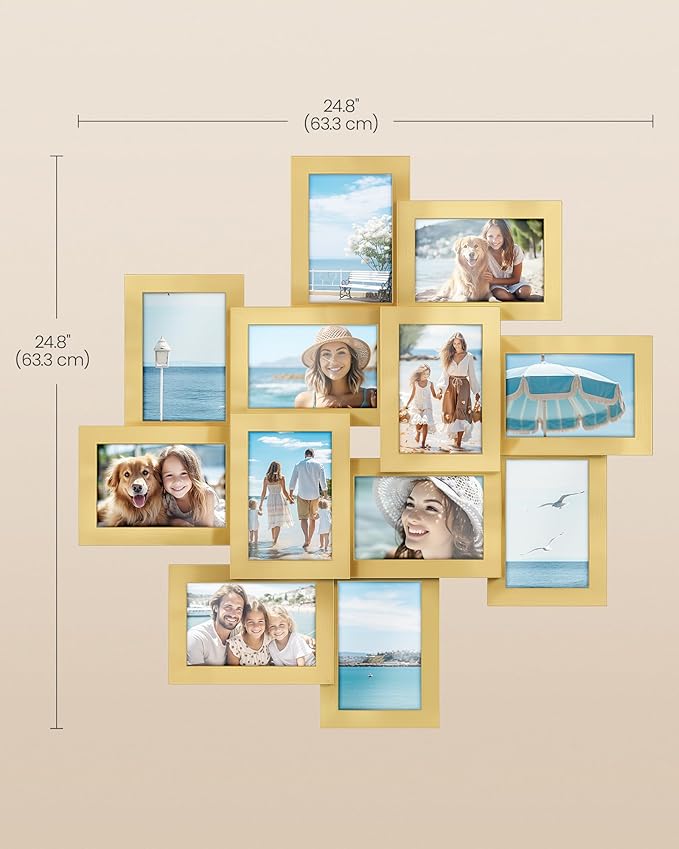 SONGMICS 4x6 Collage Picture Frames, 12-Pack Photo Collage Frame for Wall Decor, Glass Front, Assembly Required, Pale Gold URPF022A01