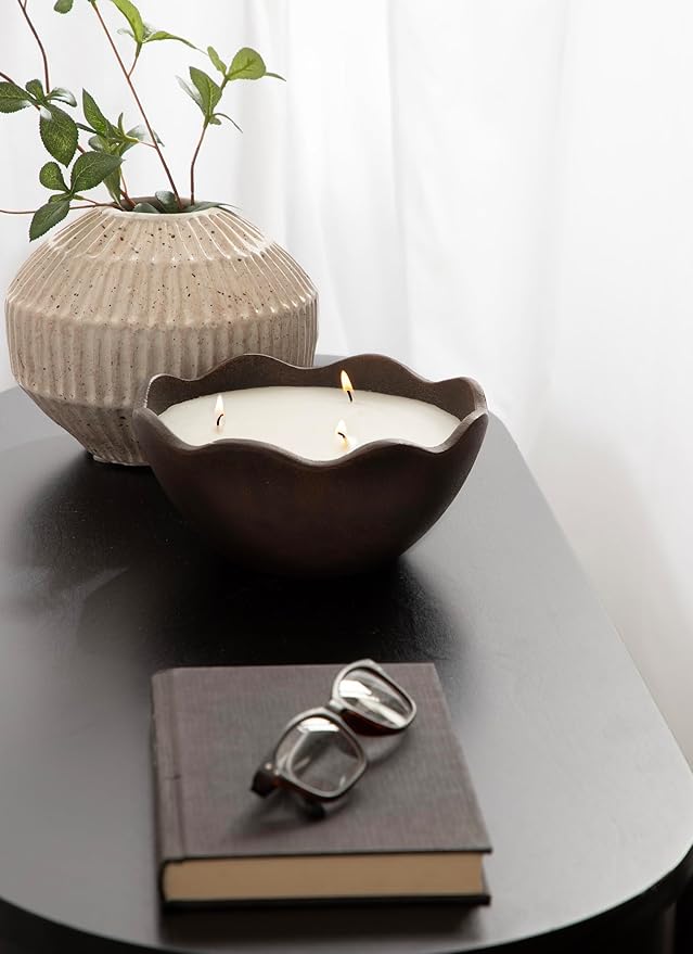 Kate and Laurel Alessia Scalloped Round Metal Candle Bowl, 8 Inch Diameter, Bronze, Modern Three-Wick Unscented Candle with Decorative Bowl for Living Room Decor