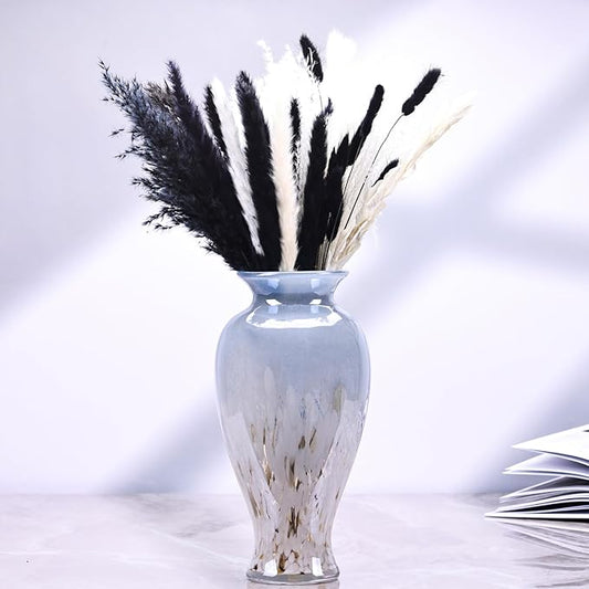 11.8" Tall Blown Blue Glass Vase, Colorful Opaque Glass Vase, Unique Design Wide Mouth Art Decoration for Home, Living Room, Dining Table, Pampas Grass Decor (Blue White)