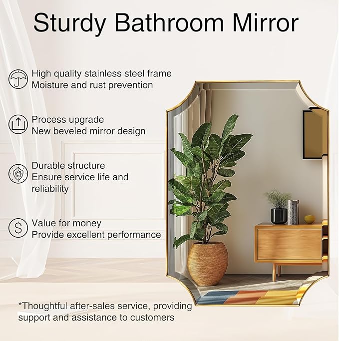 POZINO Beveled Vanity Mirror, 24"x36" Modern Bathroom Mirrors Over Sink, Rounded Rectangle Mirrors with Stainless Steel Frame, Brushed Brass Wall Mirrors for Bedroom Living Room Fireplace Entryway