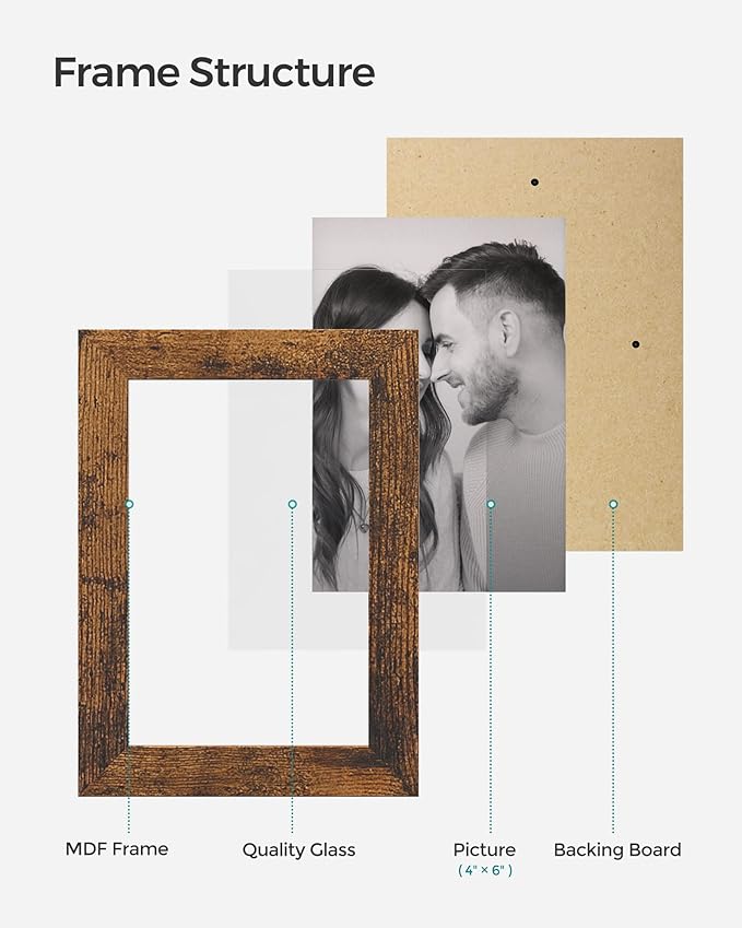 SONGMICS 4x6 Collage Picture Frames, Family Photo Collage Frame Set of 4 for Wall Decor, Glass Front, Wall Hanging or Tabletop, Rustic Brown URPF025X01