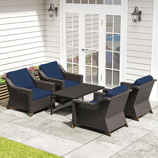 5 Pieces Outdoor Conversation Furniture Set - 4 PE Rattan Armchairs, 1 Metal Coffee Table, Patio Wicker Furniture Set with Water-Resistant Cushions for Swimming Pool, Sunroom (Navy Blue)