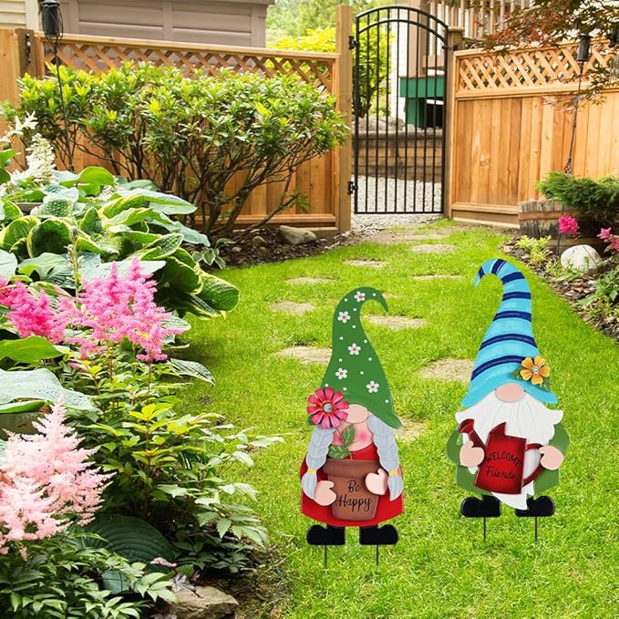 YEAHOME Garden Decor for Outside, Set of 2 Metal Gnomes 27.6” Decorative Garden Stakes with Flowers for Spring Decor, Yard Art Stakes for Outdoor Lawn Backyard Porch Garden Decorations