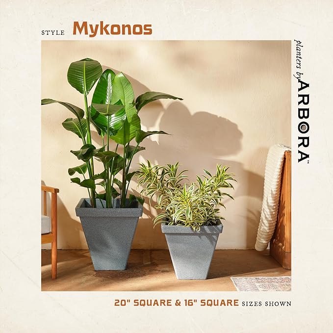 ARBORA 16" Mykonos Square Polyresin Indoor and Outdoor Planter with Stone Blend Concrete Finish - Durable, All Season, Weatherproof, Lightweight, Large Plant Pot for Patio, Garden, Deck, Entryway