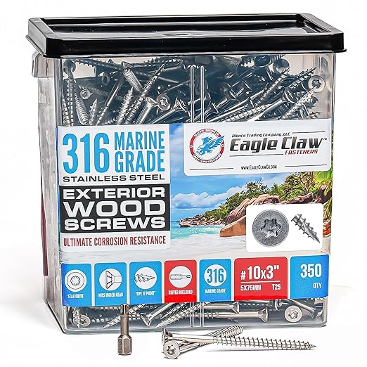 #10 x 3 Inch 316 Stainless Steel Screws Marine Grade (350 Pack, T25 Star) | Stainless Steel Wood Screws w/Driver Bit by Eagle Claw Fasteners | High Corrosion Resistance for Coastal Construction