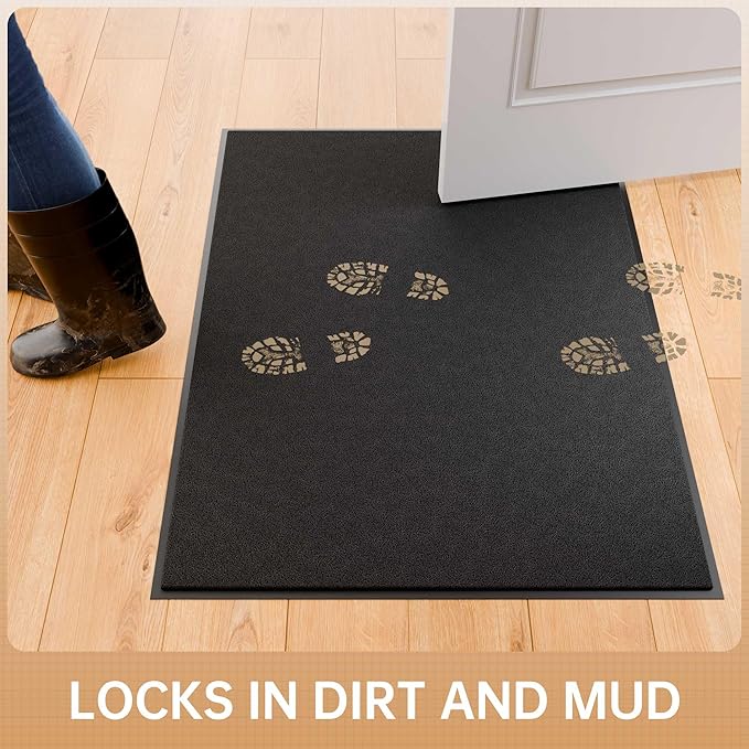 Sturdy Front Door Mat, 24" x 48" Heavy Duty Outdoor Indoor Mats to Trap Dirt and Moisture, Non-Slip Waterproof Doormat Inside Entrance, Washable Welcome Mats for Home Entryway（Black）