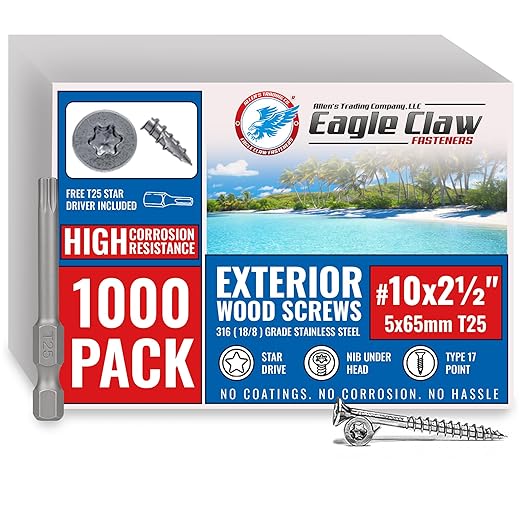 #10 x 2.5 Inch 316 Stainless Steel Screws Marine Grade (1000 Pack, T25 Star) | Stainless Steel Wood Screws w/Driver Bit by Eagle Claw Fasteners | High Corrosion Resistance for Coastal Construction