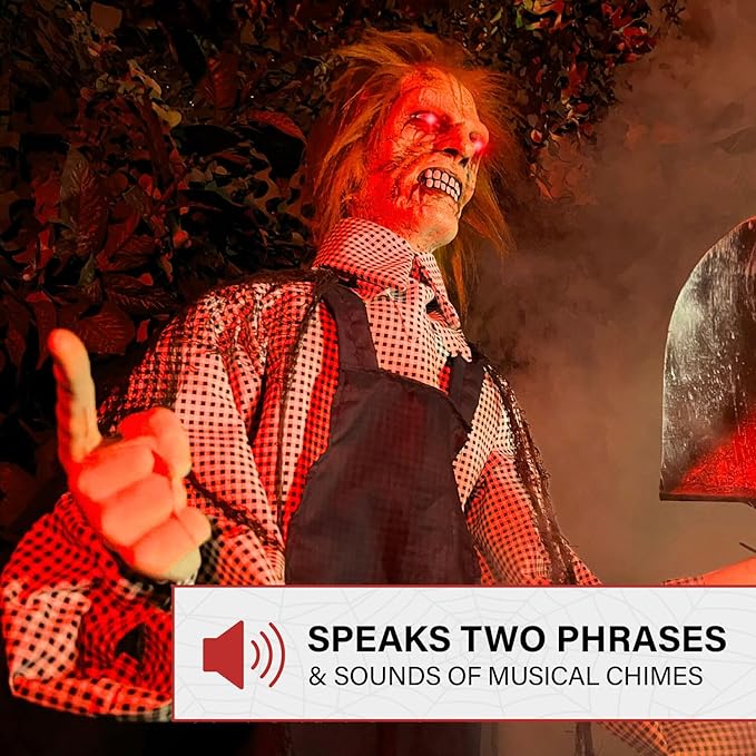 Haunted Hill Farm Lifesize Animatronic Talking Grave Digger with Shovel with Touch Activated Lights and Sound, Battery-Operated Indoor or Covered Outdoor Halloween Decoration