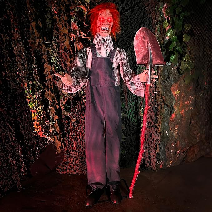 Haunted Hill Farm Lifesize Animatronic Talking Grave Digger with Shovel with Touch Activated Lights and Sound, Battery-Operated Indoor or Covered Outdoor Halloween Decoration