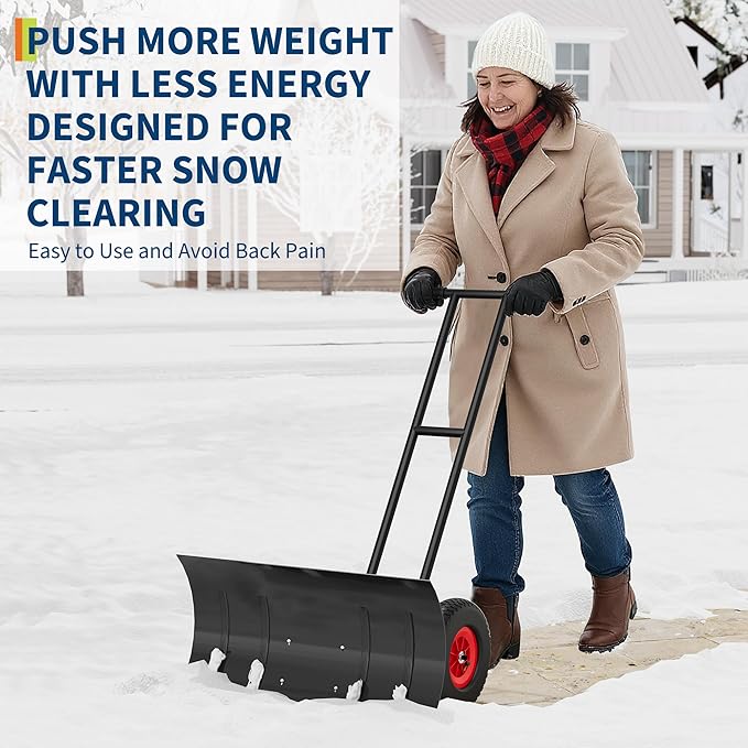 40 inch Wide Metal Snow Shovel with Wheels, Heavy Duty Snow Pusher with 5-Position Angled Blade & Adjustable Handle, Perfect for Driveway, Doorway & Sidewalk