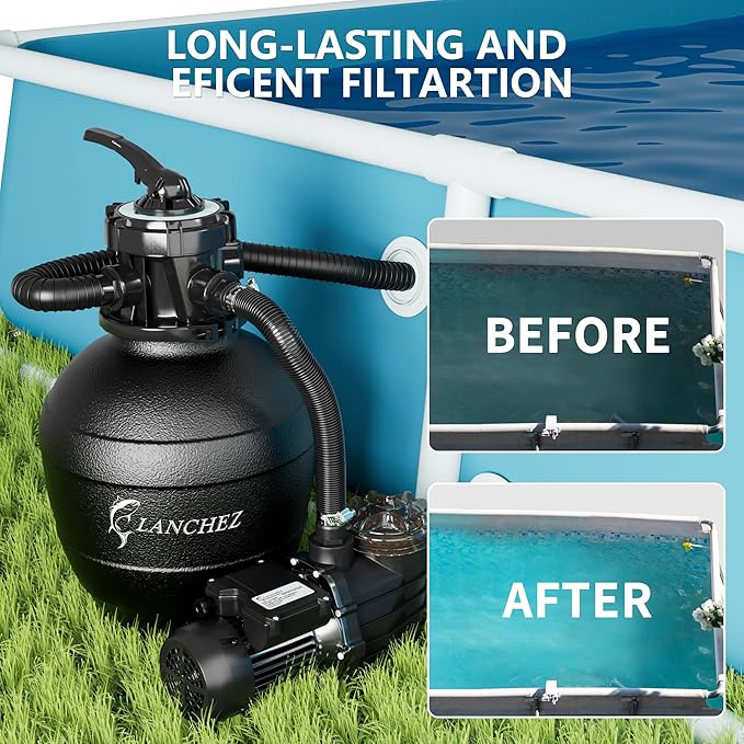 LANCHEZ 13in Sand Filter Pump for Above Ground Pool, 3/4HP, Max 3500GPH for Pools Up to 11000GAL, 6-Way Valve Pool Sand Filter System with Strainer Basket, Enhanced Circulation for Crystal-Clear Pool