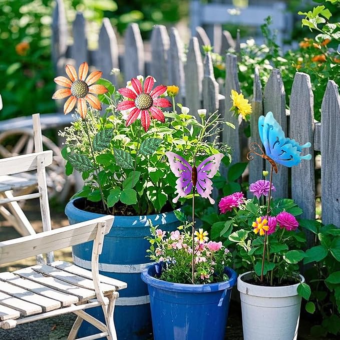 Metal Flowers for Outside, 16.15" 4-Pack Metal Colorful Butterfly & Flower Decorative Garden Stakes for Spring Garden Decor, Shaking Head Yard Art Decorations for Patio Lawn Ornaments