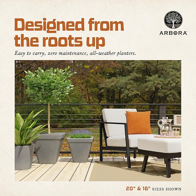 ARBORA 16" Mykonos Square Polyresin Indoor and Outdoor Planter with Stone Blend Concrete Finish - Durable, All Season, Weatherproof, Lightweight, Large Plant Pot for Patio, Garden, Deck, Entryway