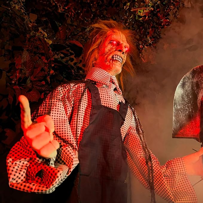 Haunted Hill Farm Lifesize Animatronic Talking Grave Digger with Shovel with Touch Activated Lights and Sound, Battery-Operated Indoor or Covered Outdoor Halloween Decoration