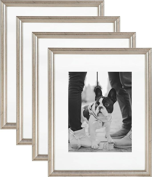 Kate and Laurel Adlynn Rectangle Picture Frame Set of 4; 11 x 14 matted to 8 x 10; Silver; Glam Four-Piece Frame Set for Gallery Wall Frame Set in Living Room Wall Decor