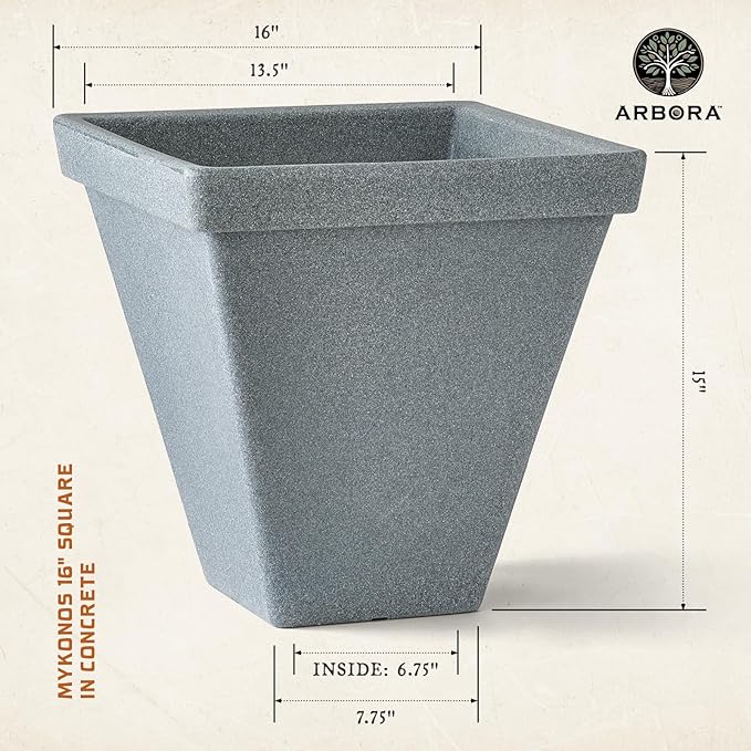 ARBORA 16" Mykonos Square Polyresin Indoor and Outdoor Planter with Stone Blend Concrete Finish - Durable, All Season, Weatherproof, Lightweight, Large Plant Pot for Patio, Garden, Deck, Entryway