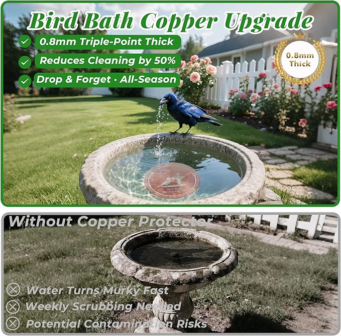 0.8mm Reinforced 99.99% Pure Copper Bird Bath Disk - Triple-Point Support Design for Physical Safe Water Maintenance, Universal Fit All-Season Outdoor Birdbaths Bowls, 2Pcs