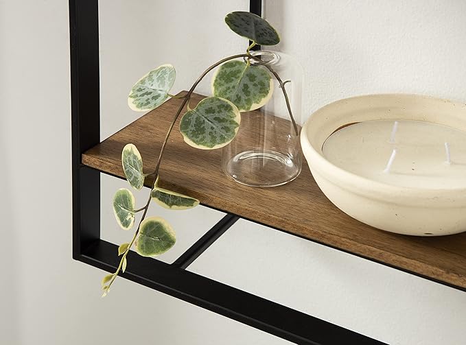 Kate and Laurel Kercheval Modern 3 Tier Wall Shelf; 15 x 32; Rustic Brown and Black; Farmhouse Bookshelf Wall Decor with Multiple Tiers for Storage and Display