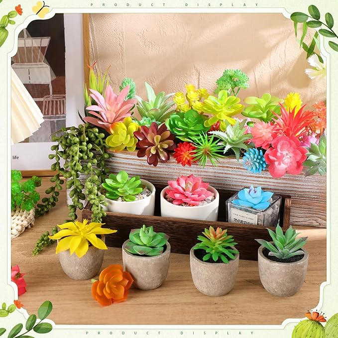 WILLBOND 50 Pcs 50 Pcs Bulk Mini Artificial Succulents Plants Assorted Unpotted Realistic Plants Fake Textured Succulent Picks Realistic Plastic Cactus Stems for Garden Home Decor (Lovely Style)