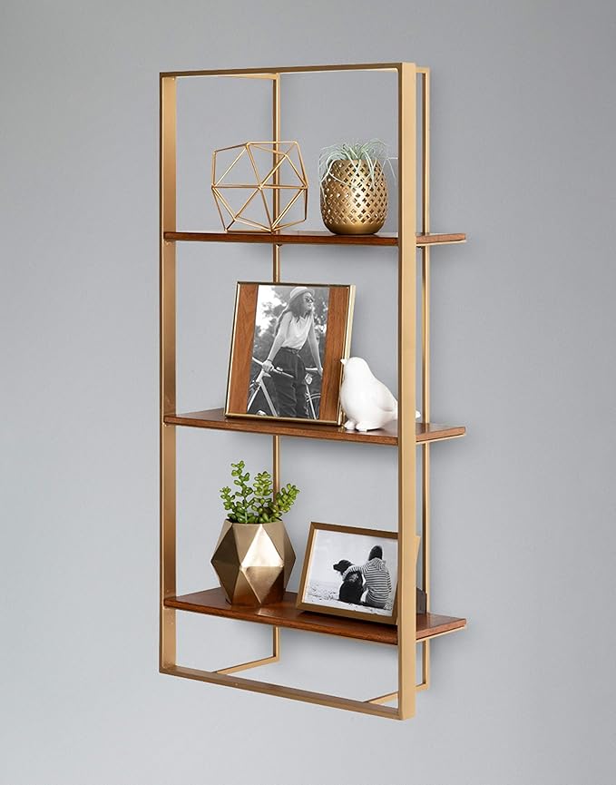 Kate and Laurel Kercheval Modern Wood Shelf, 15"x 32", Walnut Brown and Gold, Practical Mid-Century Wall Decor