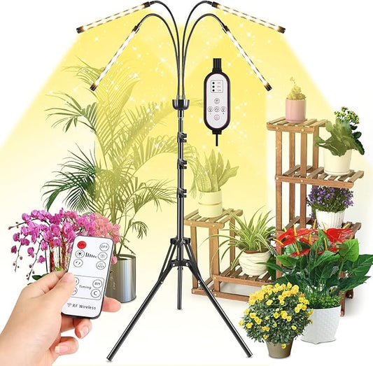 Grow Lights for Indoor Plants Yellow Light with 15-63 inches Adjustable Tripod Stand Plant Light with 4/8/12H Timer with Remote Control