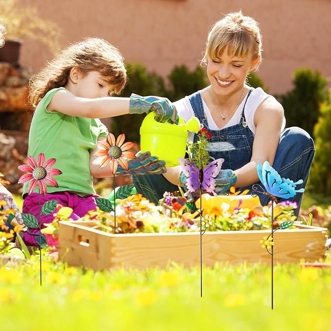 Metal Flowers for Outside, 16.15" 4-Pack Metal Colorful Butterfly & Flower Decorative Garden Stakes for Spring Garden Decor, Shaking Head Yard Art Decorations for Patio Lawn Ornaments