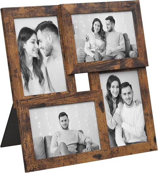 SONGMICS 4x6 Collage Picture Frames, Family Photo Collage Frame Set of 4 for Wall Decor, Glass Front, Wall Hanging or Tabletop, Rustic Brown URPF025X01