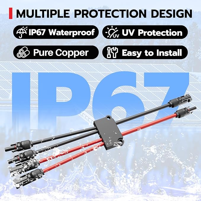 1 Pair Solar Connectors Y Branch, 2 to 4 Solar Parallel Connector for 2 Solar Panels,12AWG-10AWG Solar Wire Connectors Waterproof