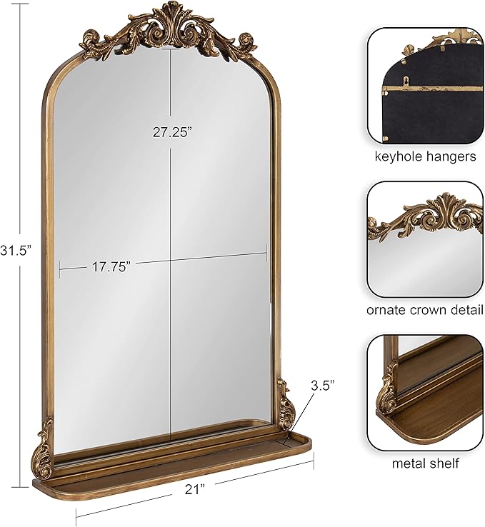 Kate and Laurel Arendahl Traditional Vintage Arch Mirror with Shelf; 21 x 32; Gold; Baroque Antique Arched Wall Mirror with Functional Shelf and Ornate Frame