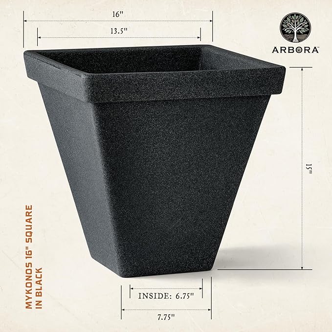 ARBORA 16" Mykonos Square Polyresin Indoor and Outdoor Planter with Classic Black Finish - Durable, All Season, Weatherproof, Lightweight, Large Plant Pot for Patio, Garden, Deck, Entryway