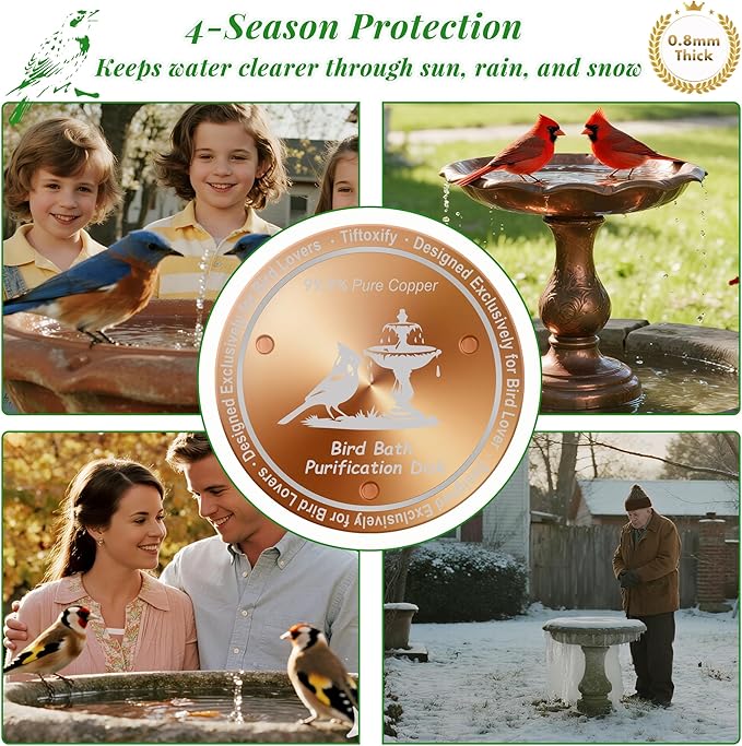0.8mm Reinforced 99.99% Pure Copper Bird Bath Disk - Triple-Point Support Design for Physical Safe Water Maintenance, Universal Fit All-Season Outdoor Birdbaths Bowls, 2Pcs