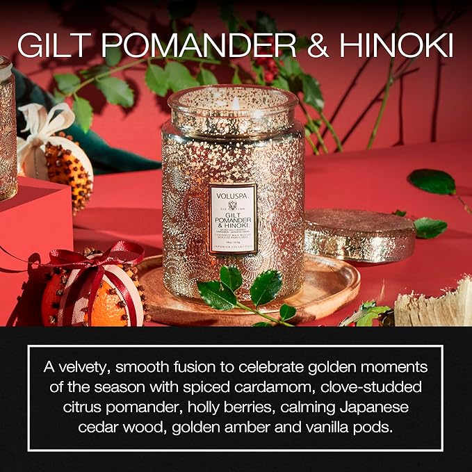 Voluspa Gilt Pomander Hinoki, Large Candle Jar, 18 oz, 100 Hour Burn Time, Coconut Wax for Clean Burning, Handcrafted in The USA