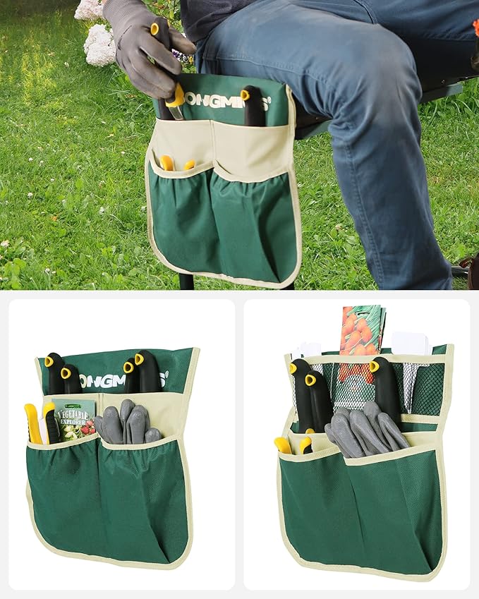 SONGMICS Garden Kneeler and Seat, Multifunctional Garden Kneeling Bench, Gardening Gifts for Women Men, Folding Gardening Stool, with 2 Tool Bags, 8-Inch Wide Kneeling Pad, Dark Green UGGK060L01
