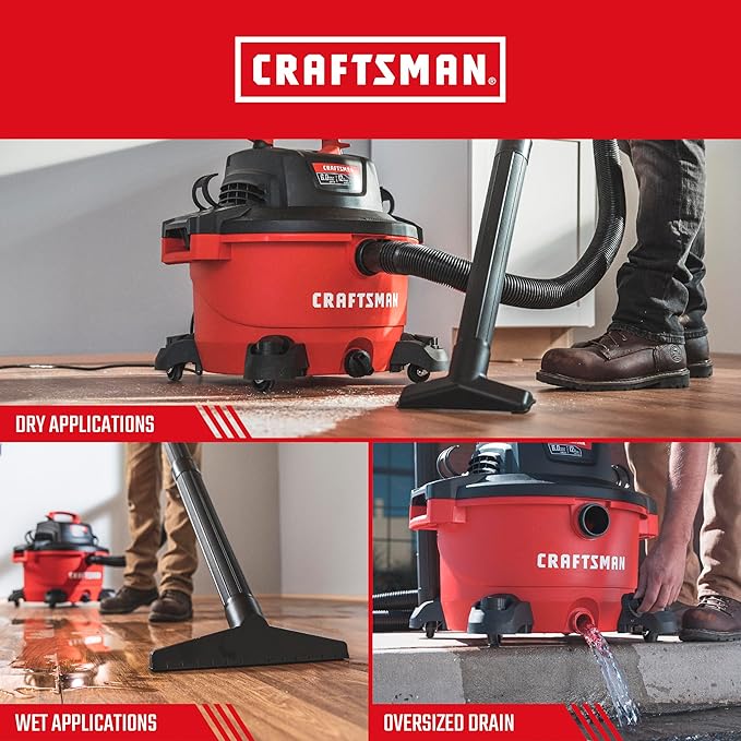 "CRAFTSMAN CMXEVBE17594 12 Gallon 6.0 Peak HP Wet/Dry Shop Vac, Portable Shop Vacuum Wet and Dry with Two Filters, Dust Bag, 7-ft Hose, 20-ft Hose and Attachments for Home Projects & Renovations "
