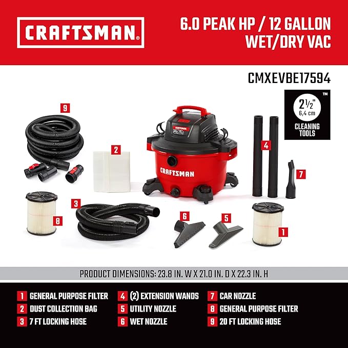 "CRAFTSMAN CMXEVBE17594 12 Gallon 6.0 Peak HP Wet/Dry Shop Vac, Portable Shop Vacuum Wet and Dry with Two Filters, Dust Bag, 7-ft Hose, 20-ft Hose and Attachments for Home Projects & Renovations "