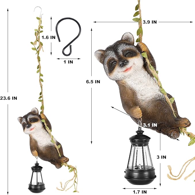 Joliyoou 1 Pack Solar Light Outdoor Statues, 6.5"H Resin Raccoon Climbing On A 23.6"L Vine with LED Lantern, Waterproof Hanging Animal Figurine with Hook for Yard Garden Wall Balcony Tree Decoration